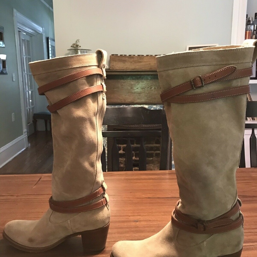 Rare Frye anthro Suede Boots Strappy Gray - Picture 6 of 8